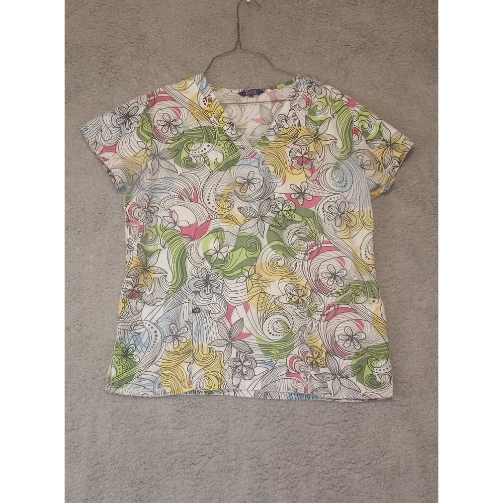 Zikit Women's Size Medium Floral Print V-Neck Scrub Top